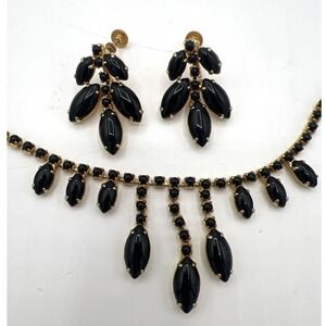 Vintage Black Rhinestone Bib Necklace 16" Set Screw‎ Back Earrings Gold Tone